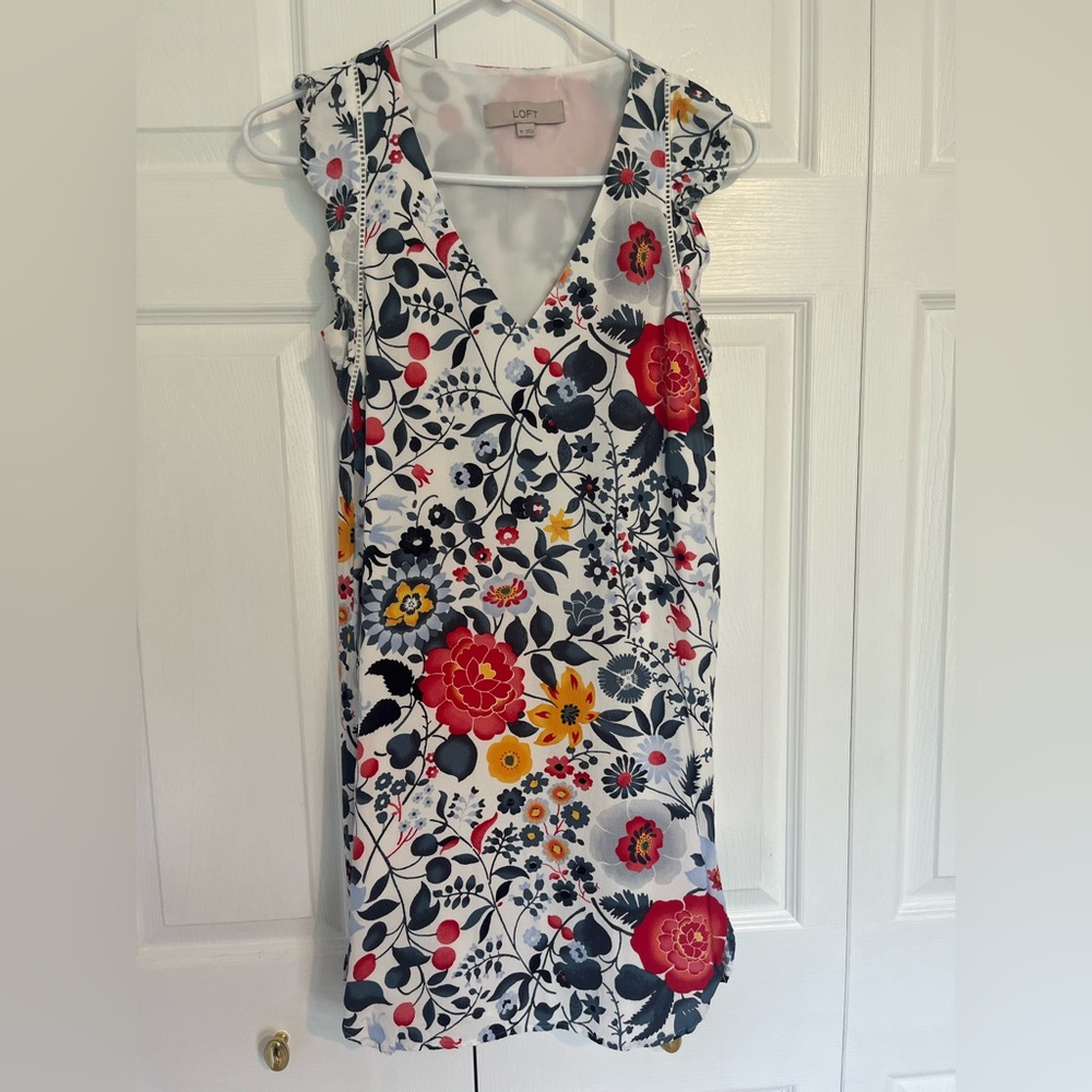 LOFT Red and Yellow Flutter Sleeve Sundress